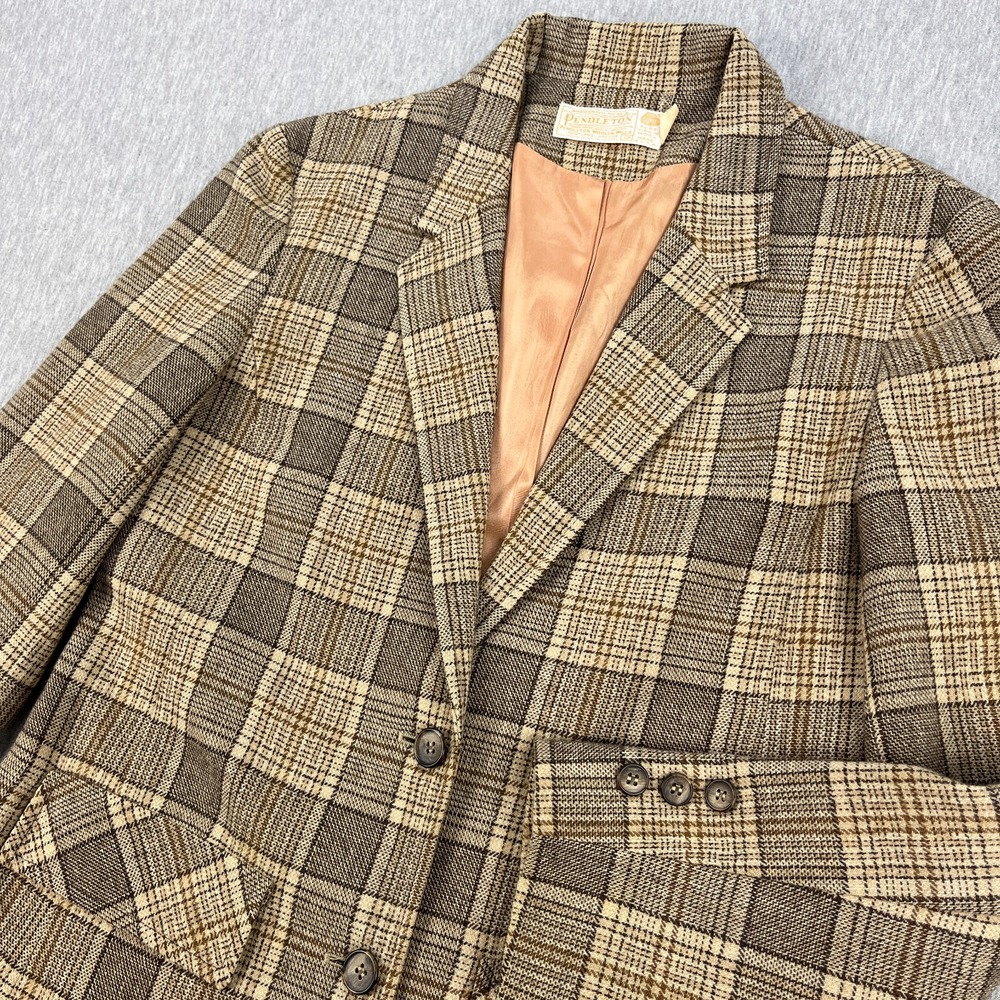 Vintage Pendleton Blazer Jacket Womens 12 Beige Brown Plaid 2-Button Wool 60s